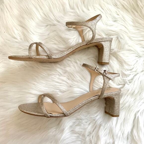 Badgley Mischka Omari Ankle Strap Criss Cross Heels in Glitter Gold - Picture 5 of 8